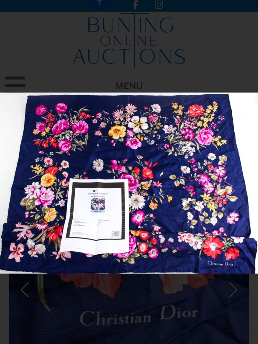 Dior Navy Silk Scarf with Red and Cream Floral Print with COA Simply Elegant - Picture 7 of 11